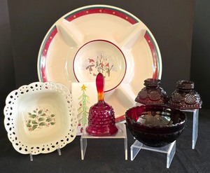 lot 133K image: O - Holiday Serving Platter, Bowl, Red Glass Bell, Bowl, and Candleholders Collection