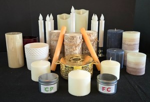 lot 137K image: H - Collection of Assorted Candles, LED Candles, and Ornate Brass Candleholder