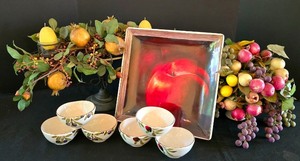 lot 142K image: ML-BR1 - Decor Set with Certified International Apple Tray, Faux Fruit Displays, Cake Plate, and 6 Papart Olive Bowls