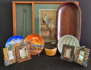 lot 157K image: LR - Mixed Decor Collection Framed Zebra Art, Large Wood Tray, Bowls, Plates & Themed Picture Frames