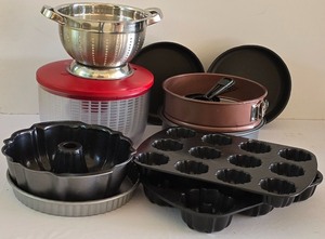lot 160K image: LR - Kitchenware Collection with Popover Pans, Bundt Pan, Springform Pans, Colander, and Salad Spinner