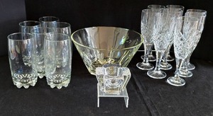 lot 164K image: K - Glassware Set with Orrefors Candleholder, Water Glasses, Stemware, and Etched Glass Bowl