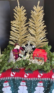 lot 169K image: G - Holiday Decor Collection with Tablecloth, Ornaments, Garland, and Figurines