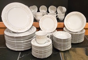 lot 174K image: LL-FR - Vintage Grace Fine China Rhapsody 74-Piece Dinnerware Set with Plates, Bowls, Cups, Saucers, Sugar and Creamer