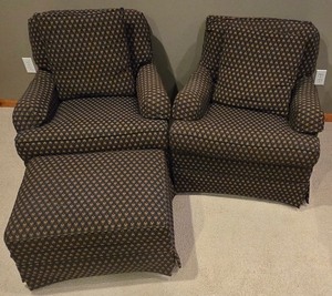 lot 176K image: LL-FR - Pair of Thomasville Upholstered Armchairs with Ottoman and Throw Pillows