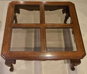 lot 177K image: LL-FR - Square Oak and Glass Coffee Table with Cabriole Legs