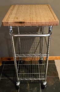 lot 179K image: LL-FR - Stainless Steel Utility Cart with Butcher Block Top and Wire Shelves