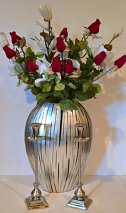 lot 189K image: LL-FR - Decorative Silver Vase with Faux Floral Arrangement and Pair of Tall Metal Candlesticks
