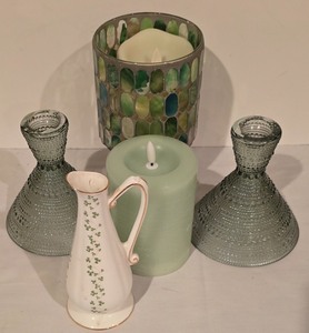 lot 191K image: Home Decor Set with Pair of Glass Candlesticks, Mosaic Candleholder, and Royal Tara Pitcher