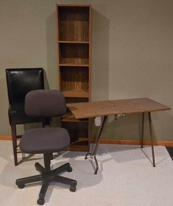 lot 196K image: LL-FR - Office Furniture Lot - Black Stool, Desk Chair, Bookcase, and Folding Table