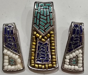 lot 201K image: K - Set of 3 Vintage Mosaic Metal PendantBail Components with Bead Inlay