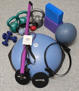 lot 203K image: UL - Exercise Equipment Set with Bosu Balance Trainer, Kettlebells, Dumbbells, Pilates Ring, and Accessories