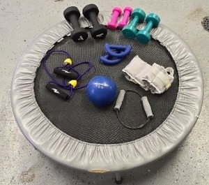 lot 211K image: G - Exercise Equipment Set with 40in Trampoline, Dumbbells, Ball, and Accessories