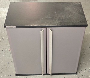 lot 214K image: G - Black and Gray Two-Door Storage Cabinet with Shelves