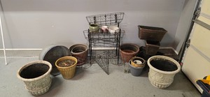 lot 221K image: G - Large Collection of Garden Pots, Planters, and Baskets with Metal Organizer