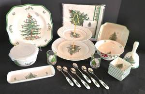 lot 63K image: H - Spode Christmas Tree Entertaining Set with Bowls, Trays, Bell, Candleholders, Spoons, and Linen Napkins