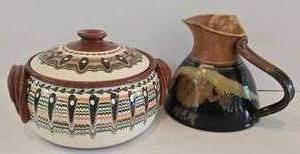 lot 32K image: LR - Hand-Painted Bulgarian Terracotta Casserole with Lid and Studio Pottery Pitcher