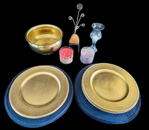lot 39D image: O - Assorted Home Decor Lot with 8 Gold Chargers, 16 Blue Placemats, Gold Metal Planter, and Candles
