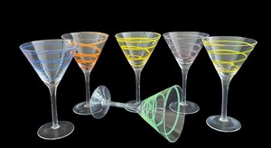 lot 42D image: K - Set of 6 Martini Glasses with Colored Swirl Design, 7.25 Inch