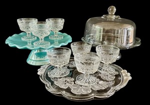 lot 45D image: K - Vintage Glass Cake Stand Set with 6 Sherbet Bowls, Floral Tray, and Dome Cover