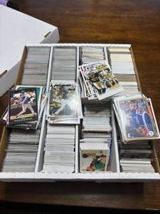 lot 116 image: Four Row Box of Baseball and Football Cards, Mix of Brands, Years and Players