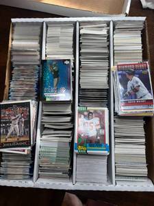 lot 120 image: Four Row Box of Baseball and Football Cards, Mixed Years, Brands and Players