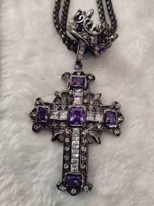 lot 67 image: Crystal & Amethyst Gun Metal Crown & Cross Double Box Chain Necklace
