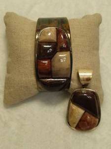 lot 76 image: 925 Jay King DTR Petrified Wood Mix & Stone Pendant & Cuff Bracelet