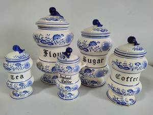 lot 14 image: Blue Onion Five Piece Vintage Canister Set