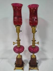 lot 3 image: Set of Cranberry Glass Vintage Lamps