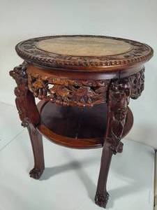 Hand Carved Wood Table w/Marble Top
