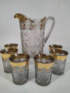lot 229 image: Pressed Gold Vintage Crystal Pitcher & Six Glasses