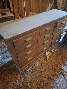 lot 49 image: Vintage Wood 12 Drawer Parts Cabinet