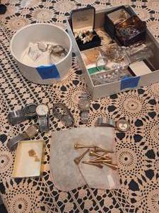 lot 64 image: 1 Box Jewelry, Gold Plated Golf Tees, & Watches