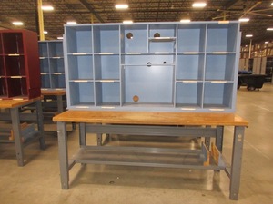 lot 561 image: U-LINE PACKING TABLES WITH WOODEN HUTCH TOPS