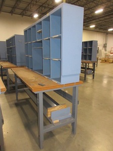 lot 562 image: U-LINE PACKING TABLES WITH WOODEN HUTCH TOPS