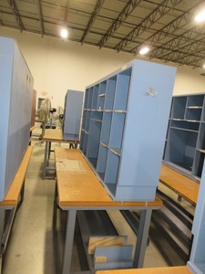 lot 563 image: U-LINE PACKING TABLES WITH WOODEN HUTCH TOPS