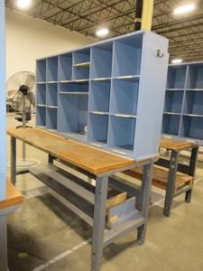 lot 564 image: U-LINE PACKING TABLES WITH WOODEN HUTCH TOPS