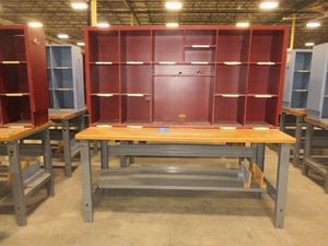 lot 566 image: U-LINE PACKING TABLES WITH WOODEN HUTCH TOPS