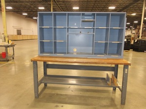 lot 567 image: U-LINE PACKING TABLES WITH WOODEN HUTCH TOPS