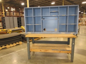 lot 568 image: U-LINE PACKING TABLES WITH WOODEN HUTCH TOPS