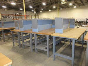 lot 570 image: U-LINE GLOBAL PACKING TABLES WITH HUTCH TOPS