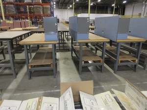 lot 572 image: U-LINEGLOBAL PACKING TABLES WITH HUTCH TOPS