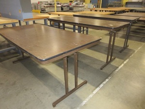 lot 585 image: HEIGHT ADJUSTABLE FOLDING TABLES