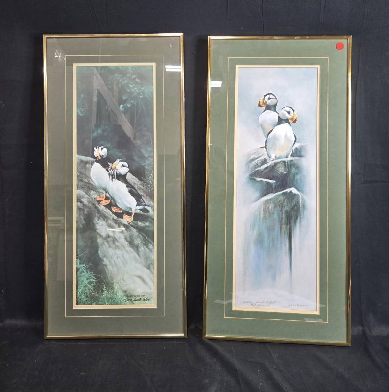 lot 132 image: Pair of Framed Annette Hartzell Puffin Art Prints Limited Edition 30x14 Inches