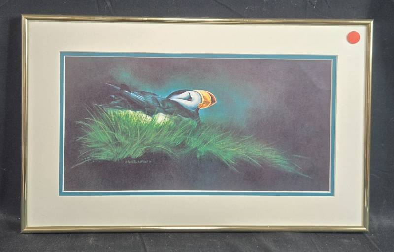 lot 134 image: Framed Puffin Artwork by Annette Hartzell 1994, 12.5x20 Inches