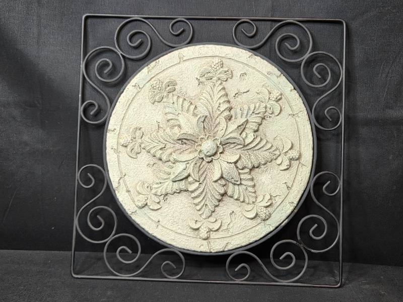 lot 16 image: Decorative Metal Wall Plaque with Ornate Floral Medallion and Display Stand