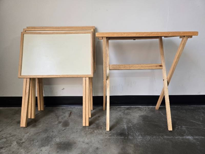 lot 216 image: Set of Wood and White Tray Tables with Folding Stand
