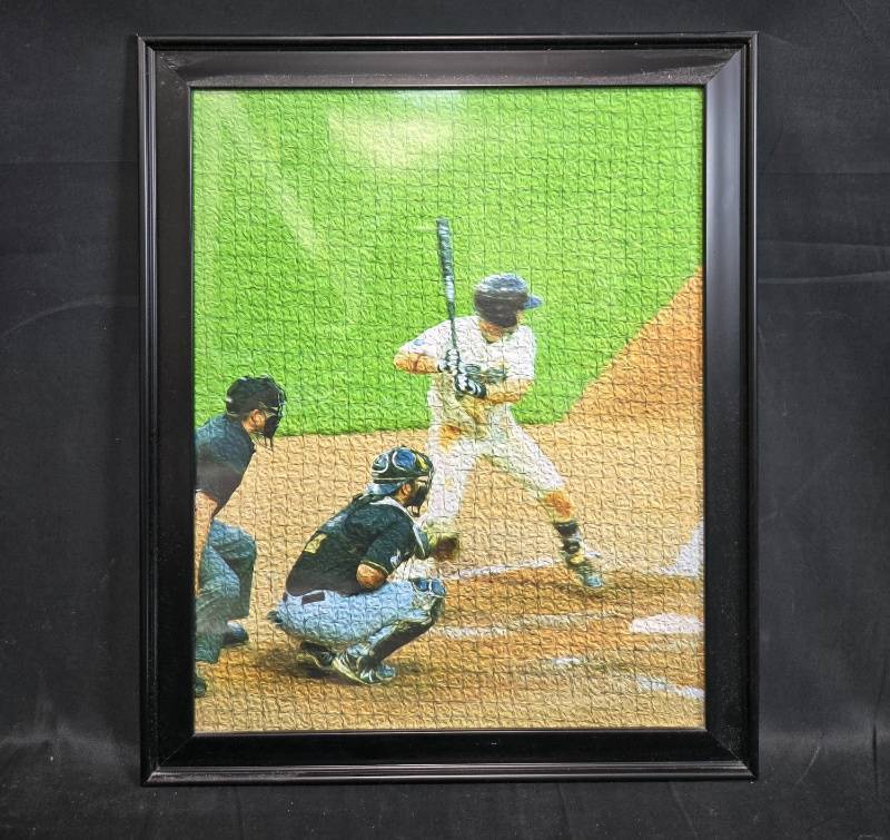 lot 57 image: Framed Baseball Artwork and Black-and-White Photo, 23x19 Inches