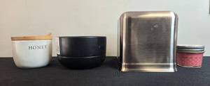 lot 34 image: Home Decor Collection with Honey Jar, Bowl, Metal Tissue Holder, and Swan Creek Candle